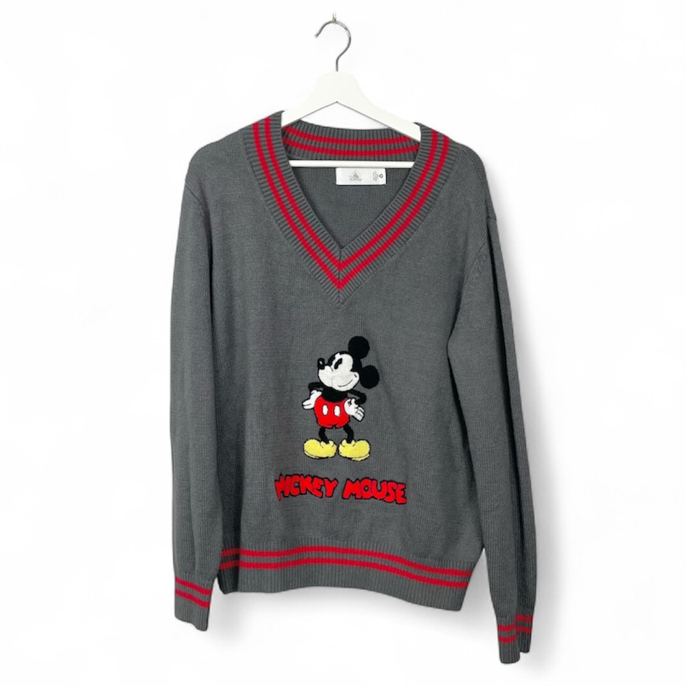Disney Gray and Red Mickey Mouse V-Neck Knit Sweater